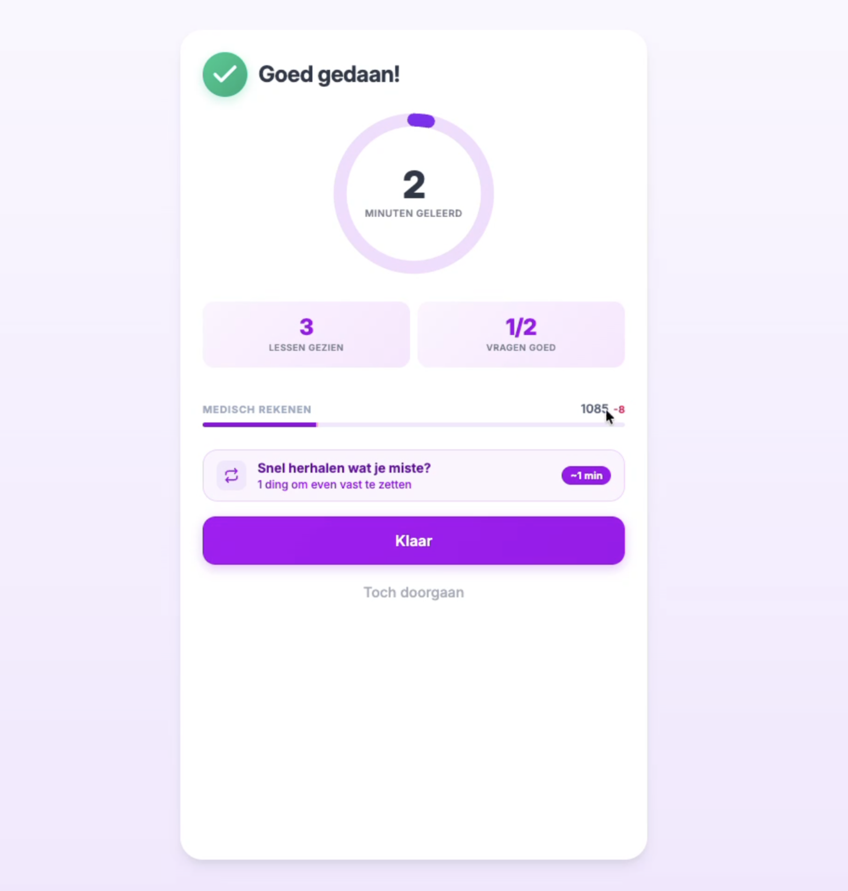 Sessieoverzicht met leertijd, bekeken lessen, goed beantwoorde vragen en de score voor medisch rekenen