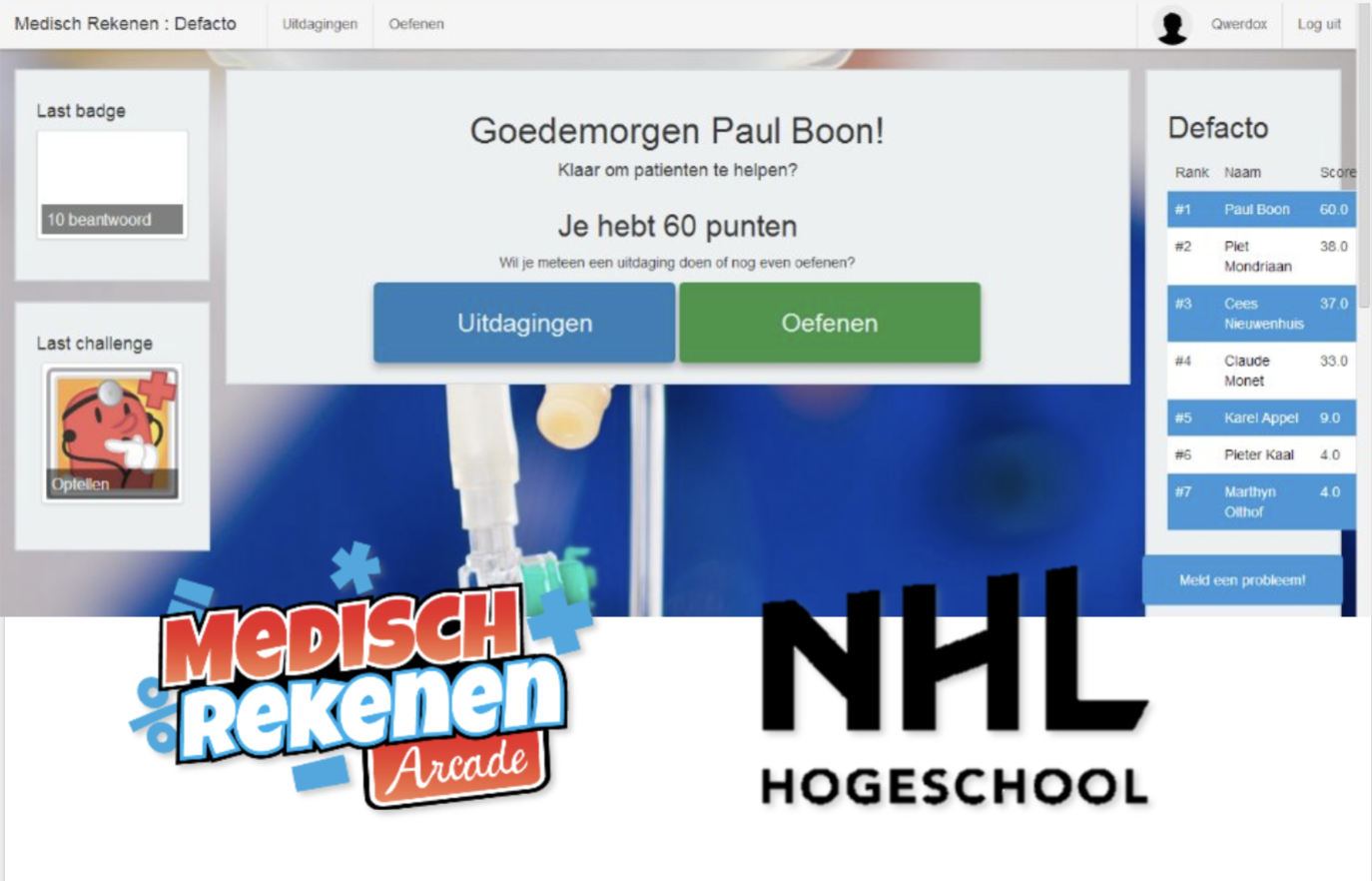 Medisch Rekenen Arcade uit 2013, met oefenvragen, uitdagingen, badges en een leaderboard