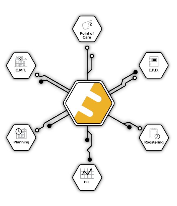 Schematische weergave van software-integraties rond zorgapplicatie